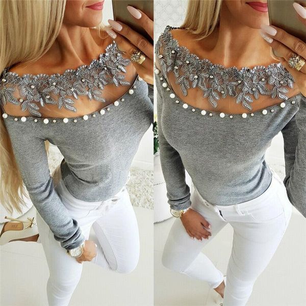 

slim t shirt women 2019 spring autumn fashion lace floral t-shirt women long sleeve t shirt gray tee shirt, White