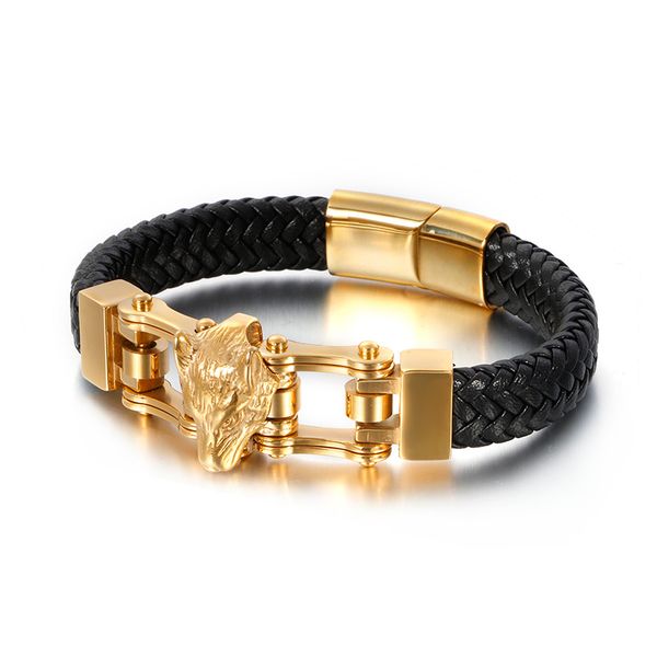 

fashion men wild wolf head leather bracelet gold silver color stainless steel tape buckle cool trendy street style animal bangle 201211, Black