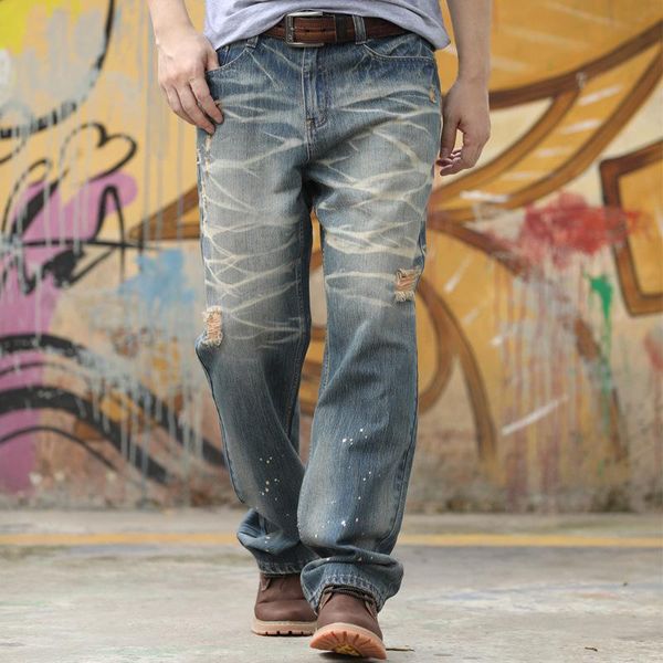 

men's jeans loose ripped large size wide leg hip-hop streetwear blue striped