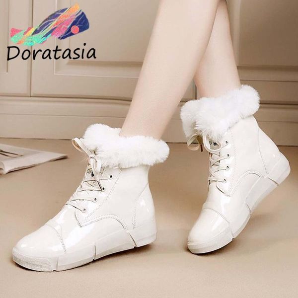 

boots doratasia women solid platform lace up balck ankle shoes wedges warm plush fashion winter, Black