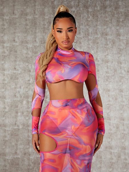 

sxy tie dye cut out mock neck crop j2f8#, White