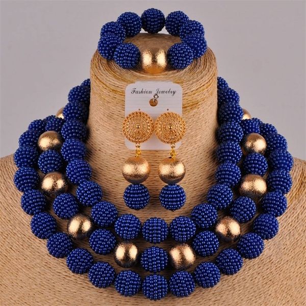 

african beads royal blue set simulated pearl nigerian wedding necklace bridal jewelry sets fzz77 201222, Slivery;crystal