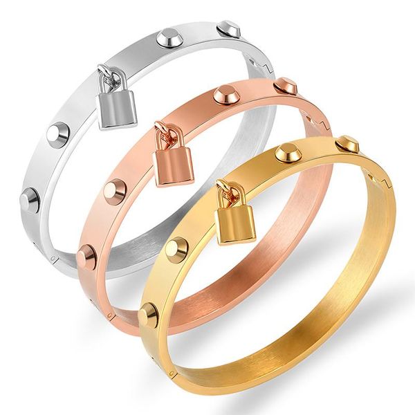 

bangle rivet design lock lover titanium steel armband gold bracelet for women pulseiras statement jewelry couple wedding gift, Black