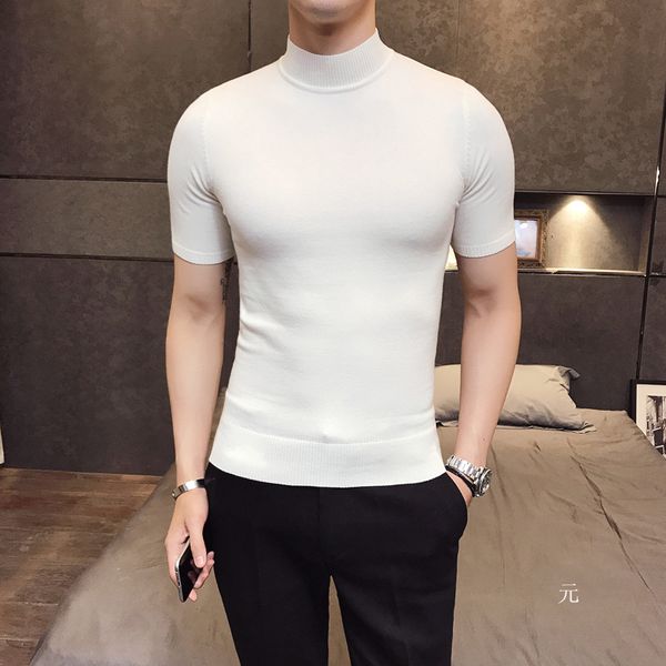 

2020 brand men's sweater pure color short sleeves semi high necked pullover for male sweater, White;black