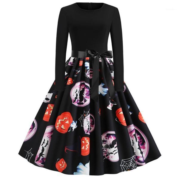 

casual dresses retro halloween dress women 2021 summer autumn pumpkin printed long sleeve vintage pinup rockabilly holidays party swing1, Black;gray