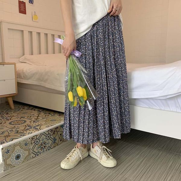 

2021 New long woman spring summer floral chiffon plied of women elastic waist midi skirts (f3983) PJFW, Black