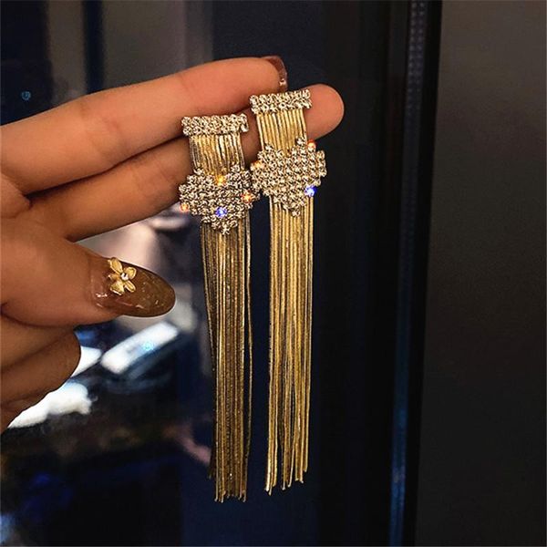

fyuan golden long tassel crystal drop earrings for women bijoux heart rhinestone earrings statement jewelry, Silver