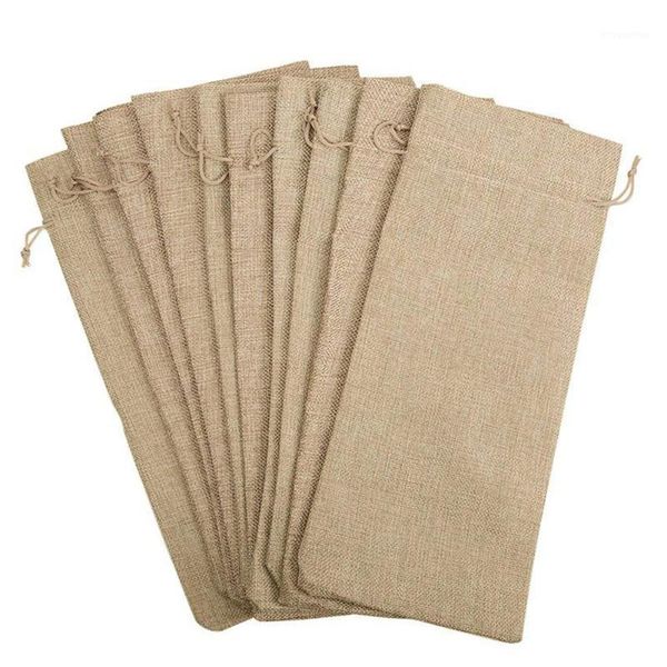 

10pcs jute wine bags, 14 x 6 1/4 inches hessian wine bottle gift bags with drawstring1