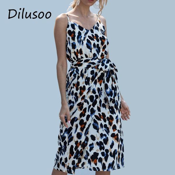 

dilusoo 2021 women summer print dress sleeveless spaghetti strap split bandage loose dress female bohemian holiday beach, Black;gray