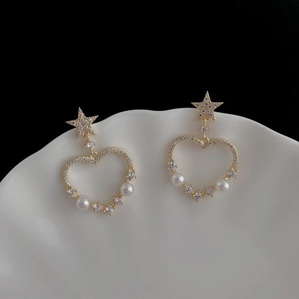 

orgin summer korean fashion love heart pearl star dangle earrings for women harajuku hollow out earrings wedding jewellery, Silver