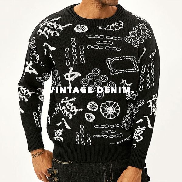 

men's sweaters mbbcar chinese elements trend mahjong theme loose knitting vintage sweater ami khaki black 657, White;black