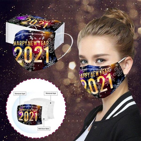 

happy new year face 3 layered masks print mouth cover dustproof breathable protective disposable mask lsk1821-2