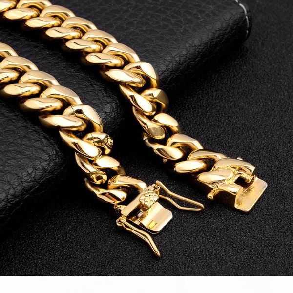 

men women stainless steel bracelet high polished miami cuban curb chain bracelets double safety clasps gold steel 8mm 10mm 12mm 14mm 16mm, Black