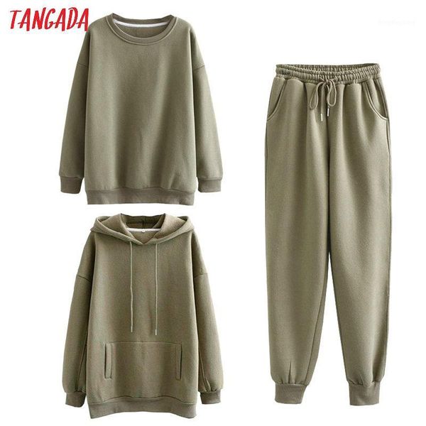 

tangada women couple tracksuit fleece 100% cotton suit 3 pieces sets lavender hood hoodies sweatshirt pants suits sd60-41, Gray