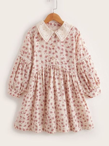 

girls ditsy floral contrast collar bishop sleeve dress she, Red;yellow