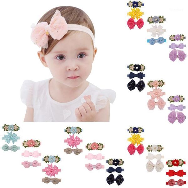 

9pcs kids floral headband girls baby elastic bowknot accessories hairband set newborn pgraphy child hair accessories m140#1, Slivery;white