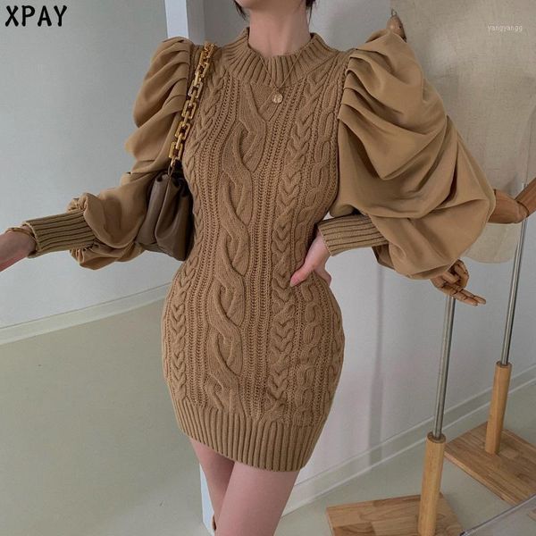 

one piece korean knit dress women 2020 new autumn winter high elastic twist knitted sweater dress woman loose short midi dresses1, Black;gray