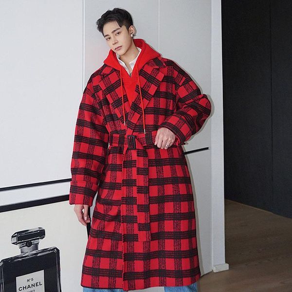 

men's wool & blends male windbreaker jacket overcoat men christmas red plaid streetwear vintage loose casual long cloak trench coat out, Black