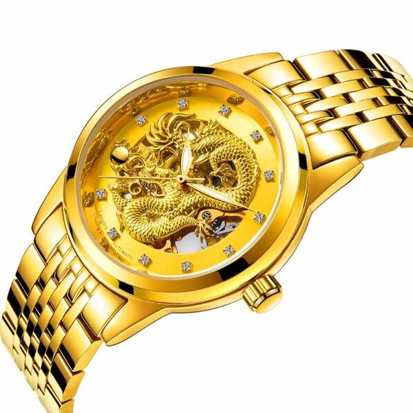 

wristwatches men's watch skeleton waterproof relogio masculino gold dragon automatic mechanical stainless steel band, Slivery;brown