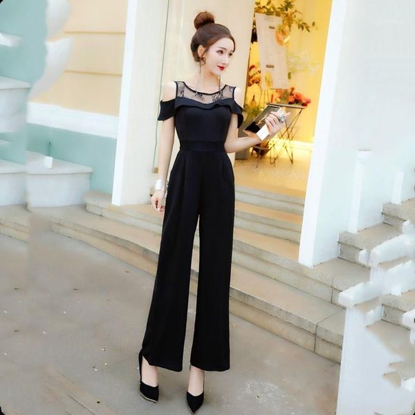 

real high-grade temperament jumpsuit 2019 new european and american fashion show thin lace stitching one-word collar jumpsuit1, Black;white