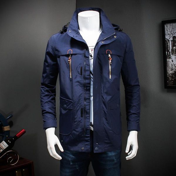 

new mens casual jacket and coat with zippers solid mulity pockets big size trench coat for men, Tan;black