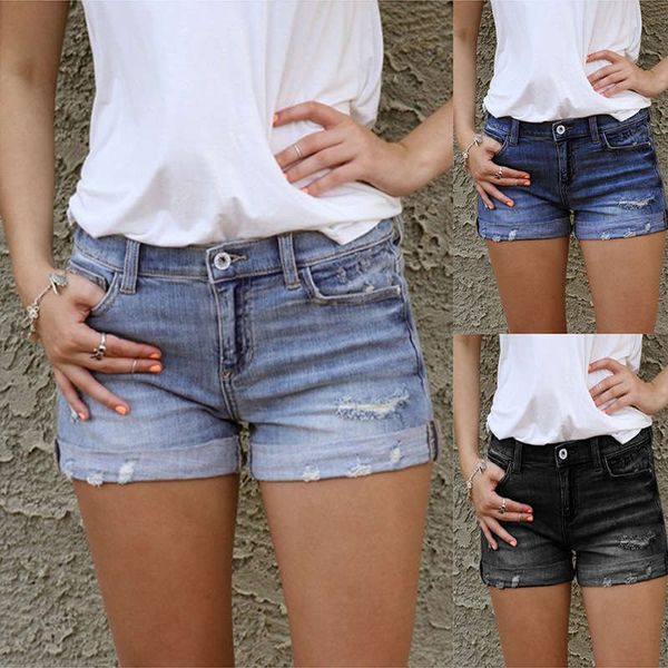 

summer 2020 women's slim fit denim shorts casual thin perforated pants for women, Blue