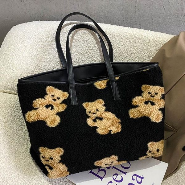 

large capacity cute bear printed women lamb like fabrics shoulder bag tote handbag shopping bag