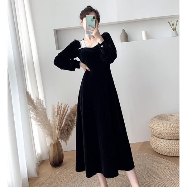 

casual dresses french style vintage velvet dress women puff sleeve pearl lace elegant party dreses autumn winter black ropa mujer 2021, Black;gray