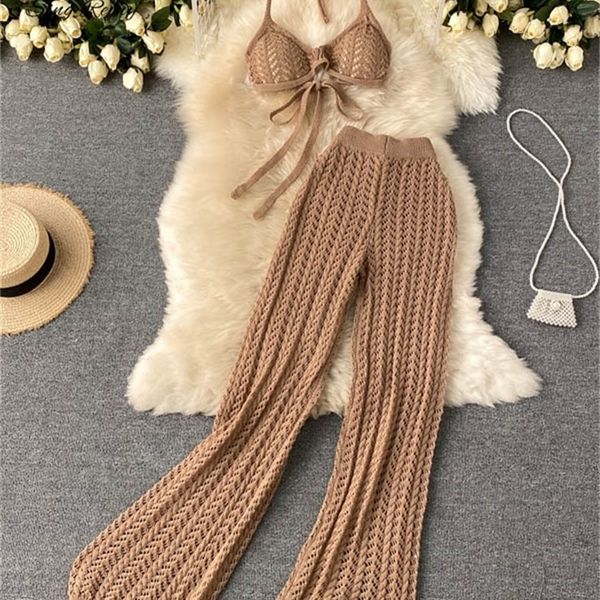 

singreiny women summer design knitted set backless halter short +chic hollow wide leg long pants two piece suit 220315, White