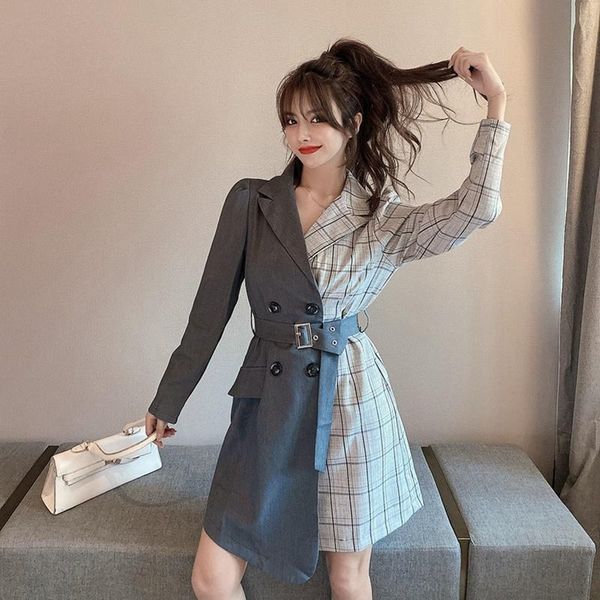 

office lady women summer jaquetas feminino women plaid spliced blazers turn-down collar a-line patchwork mini dress with sashes, Black;gray