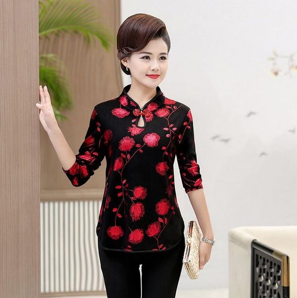 

women's blouses & shirts cheongsam blouse long sleeve women velvet shirt pullover spring fall fashion plus size middle age mother, White
