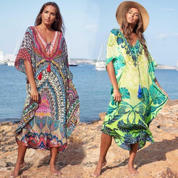 

cover-ups 2021 moroccan kaftan bohemian printed summer dress long cotton tunic women plus size beach wear swim suit cover up robe de plage1