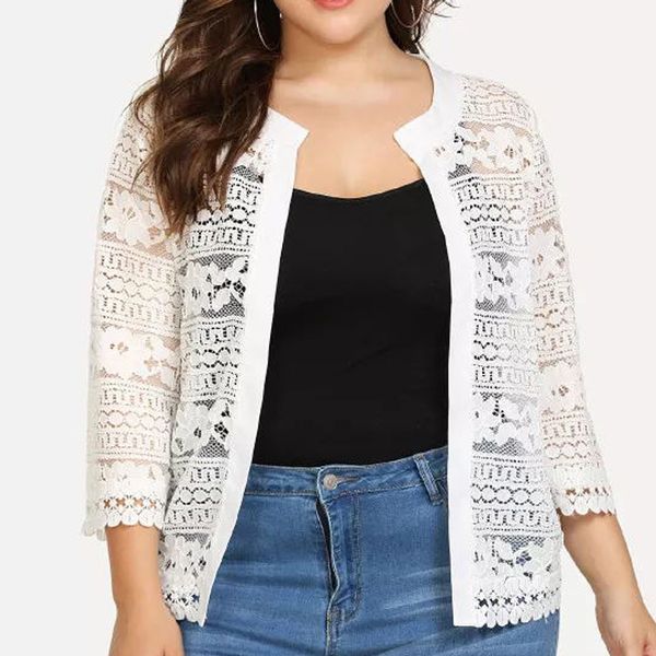 

more breast size of the ladies white lace blouse summer cardigan black jacket female crochet shirt 83f