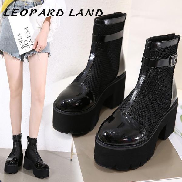 

boots leopard land women's hollow mesh breathable british style platform slanted heel high ankle -211-1, Black