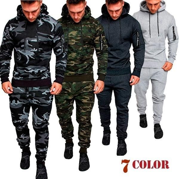 

men's tracksuits mens camouflage slim fit tracksuit pullover hoodies sport gym skinny jogging joggers sweatpants trousers 2pcs/set, Gray