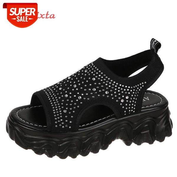 

aphixta luxury crystal platform sandals women shoes elastic band fabric slip-on students pola thick bottom cool ladies sandal #at6p, Black