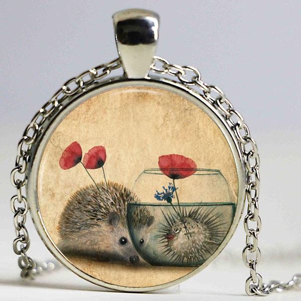 

pendant necklaces 1pcs/lot hedgehog and flower bronze copper necklace long chian statement handmade vintage, Silver