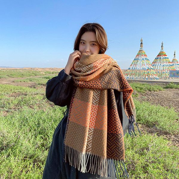 

scarves autumn and winter imitation cashmere color grid plus thick warm-up sushi scarf female british retro fashion neck two uses., Blue;gray