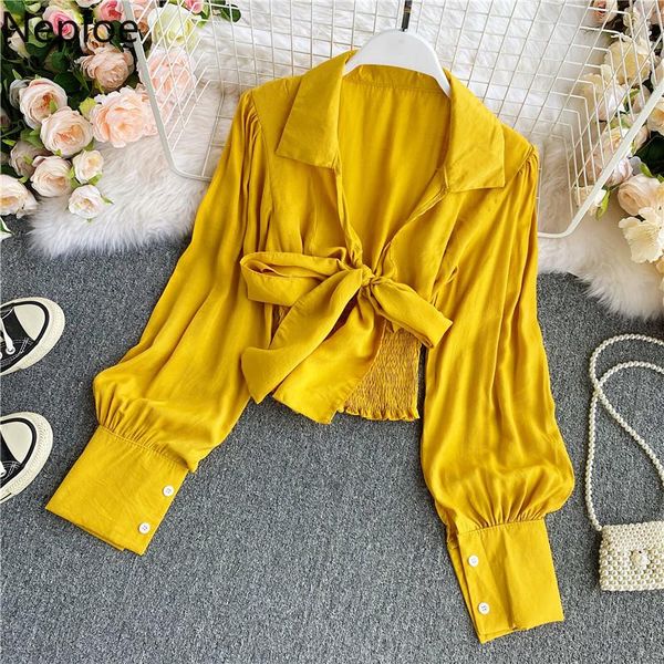 

neploe blusas mujer de moda 2021 bandage slim waist shirt pleated long sleeve crop blouse sleeve blouses 4e378, White