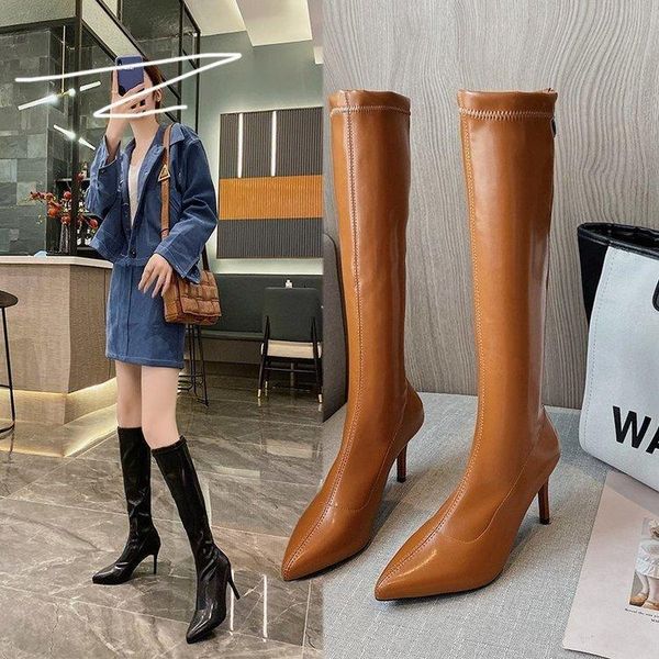 

boots women new 2020 shoes thigh high heels high round toe winter footwear low autumn over-the-knee stiletto, Black