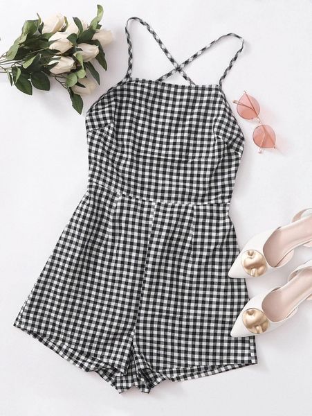 

lace-up open back buffalo plaid cami romper o0l0#, White