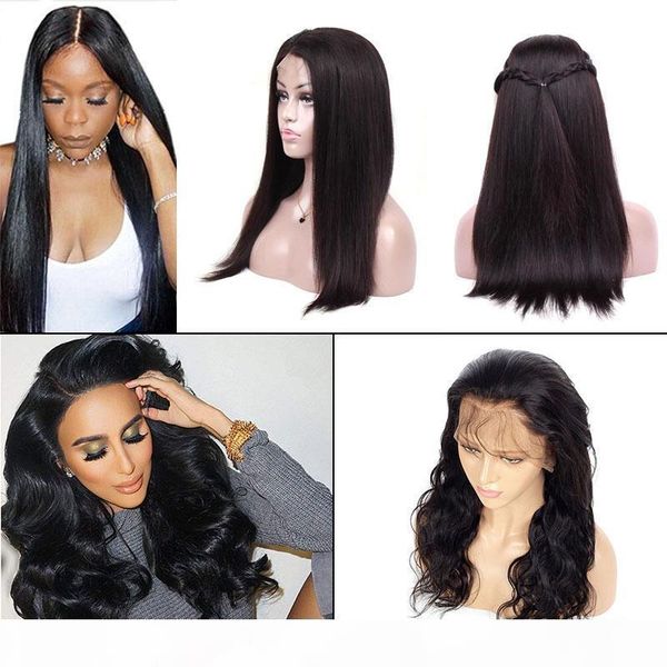

straight and body wave peruvian lace front wigs adjustable pre plucked 360 full lace human hair wigs glueless wig for black women, Black;brown