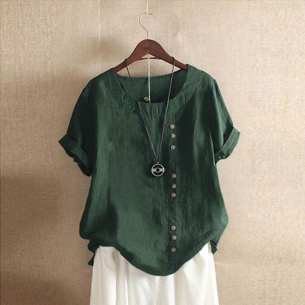 

vintage women cotton linen blouse 2020 summer tunic loose short sleeve shirt boho buttons casual blusas mujer plus size 5xl, White