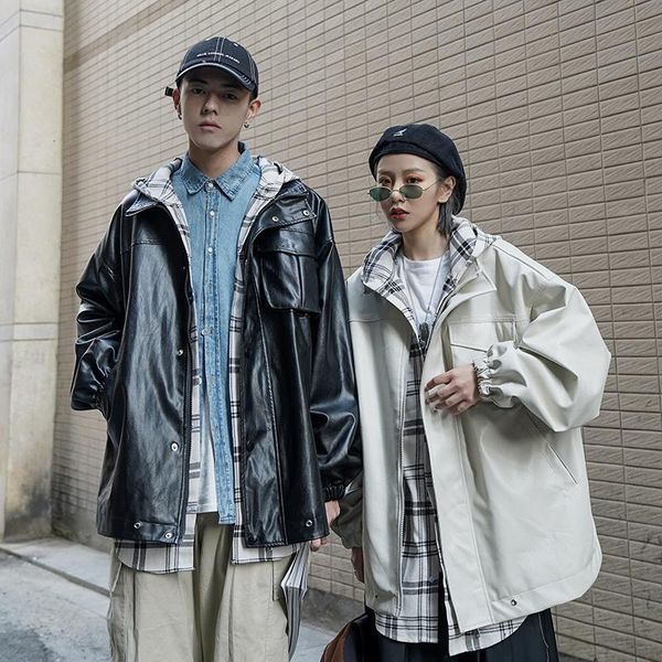 

fake two leather jackets men's fashion plaid hooded motorcycle jackets mens streetwear loose hip hop bomber jacket men s-5xl, Black