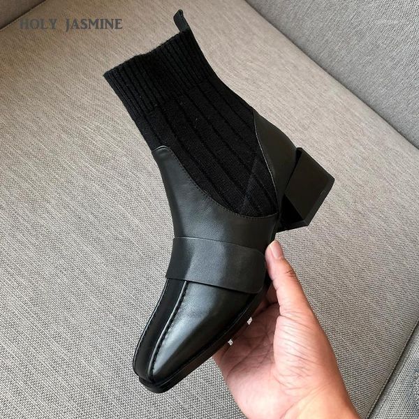 

boots genuine leather ankle for women autumn/winter short plush wool and cow square heel med (3cm-5cm) tpr1, Black