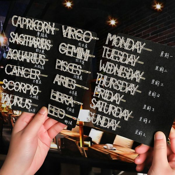 

fashion week letter rhinestone hairpins 12 constellations women gold silver hair clips barrettes girls hair accessories party gift, Golden;silver