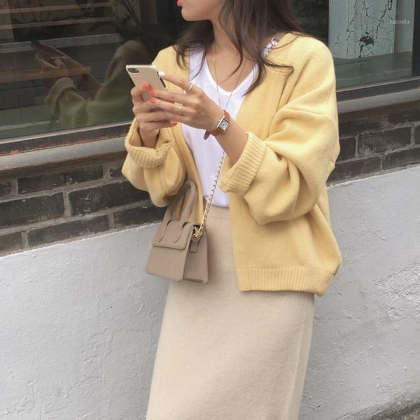 

new oversize women's sweaters autumn winter fashionable vintage yellow cardigans single breasted puff sleeve loose cardigan1, White