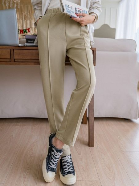 

dazy elastic waist seam detail pants h4s2#, Black;white