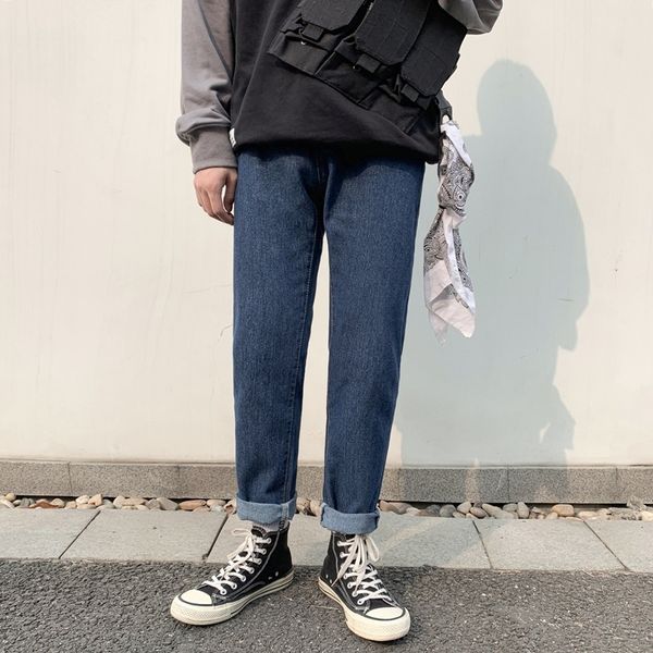

autumn jeans korean fashion straight tube solid color loose bf versatile student casual quarter men's pants, Blue