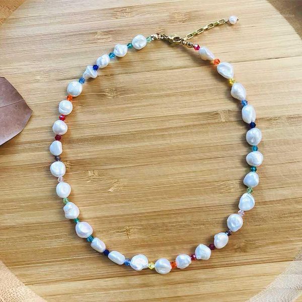 

ladies freshwater pearl necklace real irregular pearl colorful crystal bead rainbow choker bohemian fashion glamour1, Golden;silver